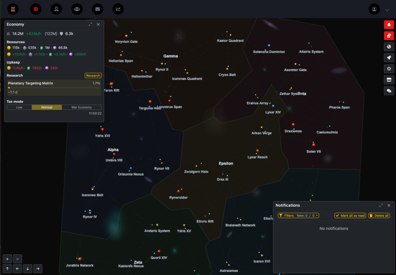 The Warpfall galaxy map with player territories and star systems
