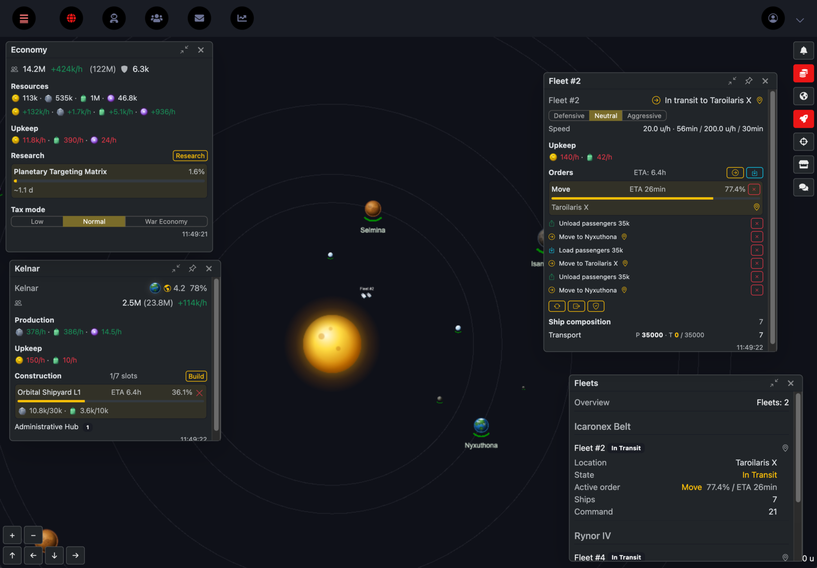 A Warpfall star system with colony and fleet controls